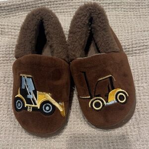 Brown Slippers with Construction Vehicle Design
